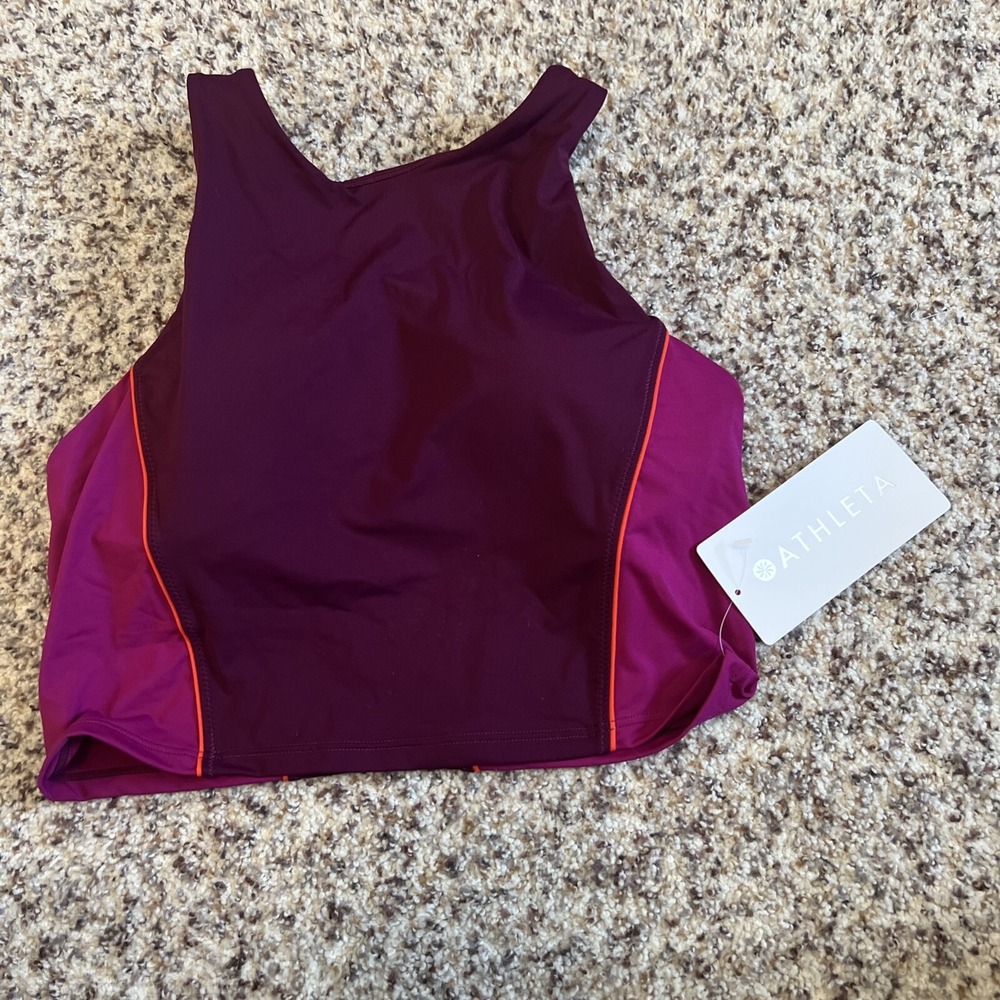 Athleta New Crop Bikini Bra Top Sz M A-C Cups Burgundy Color Block Med Support